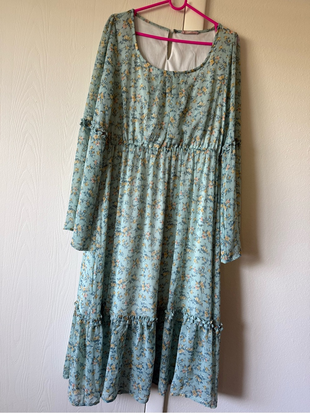 Ces Femme Light Blue Floral Metallic-Thread Tiered Midi Dress L